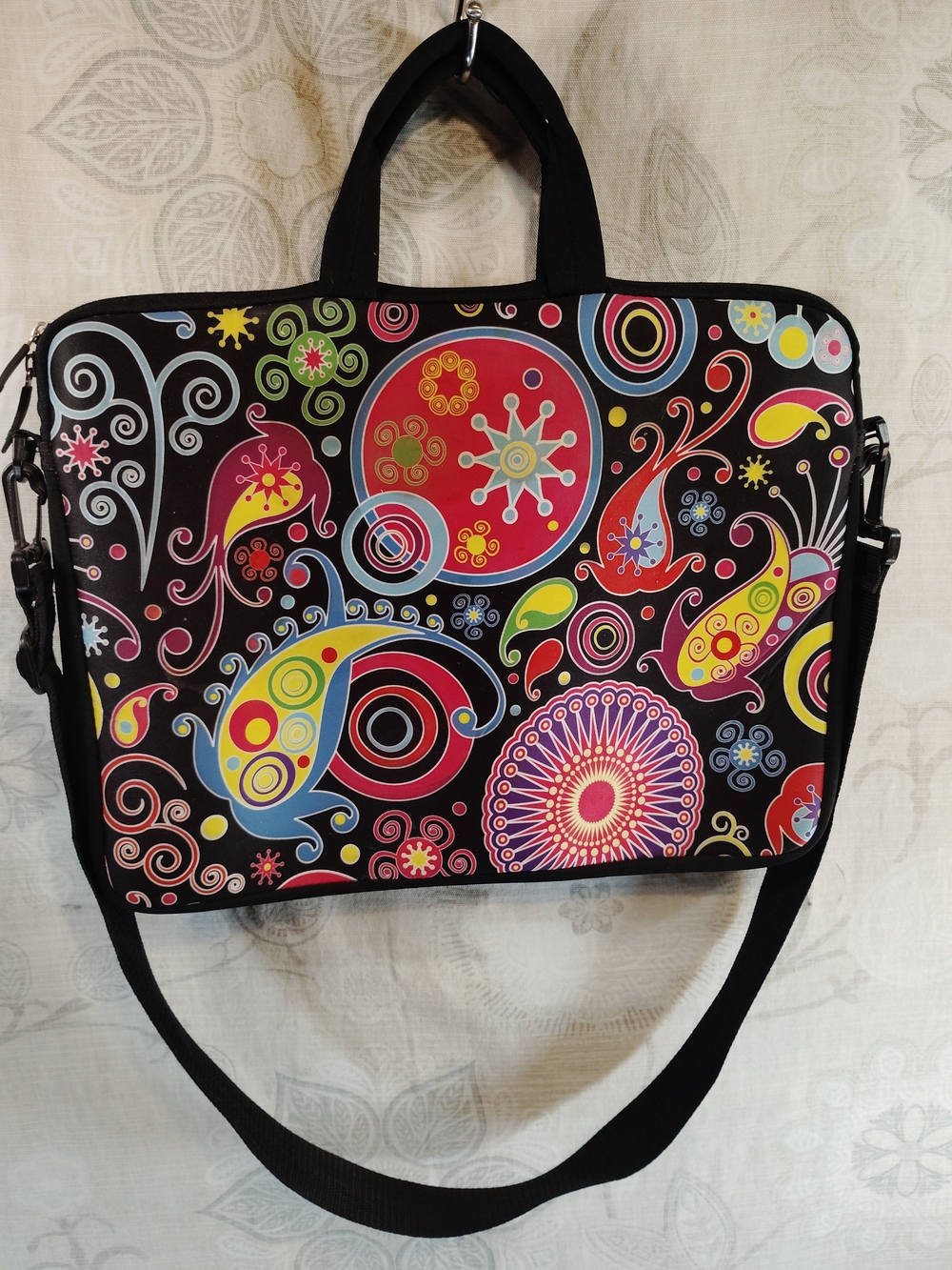 Black Multicolor Paisley Laptop Bag with Shoulder Strap